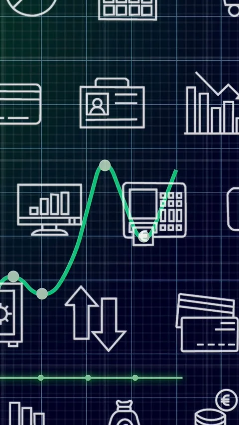 Vertical video: Green line starting left rising peaking over office dipping then Stock Footage 333005799