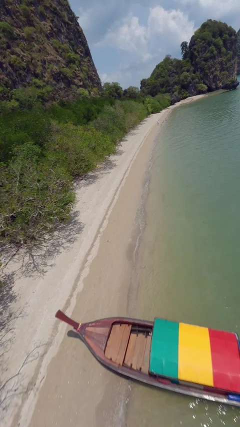 Vertical video. Green lush forest trees sand beach sea ocean tourist man walking Stock Footage 245167702