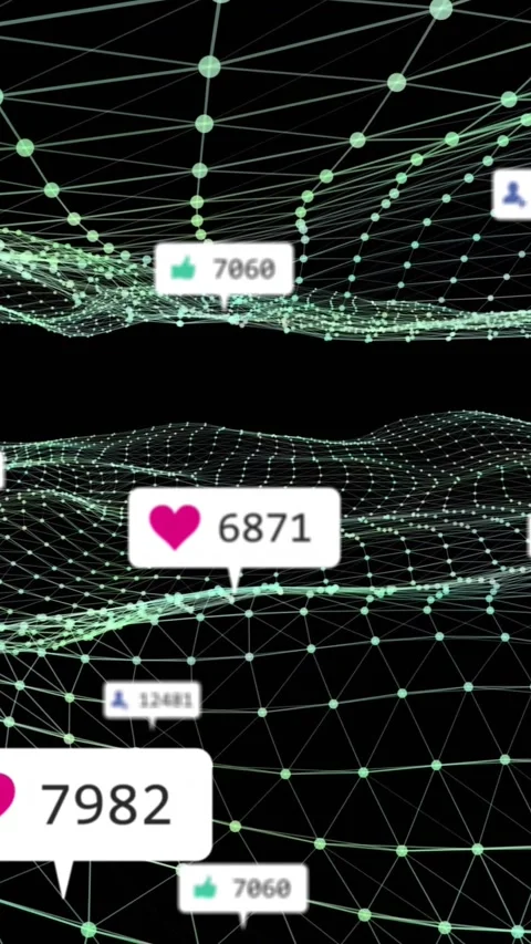 Vertical video: Green mesh pulsing as incoming heart and thumbs-up labels Stock Footage 332317700