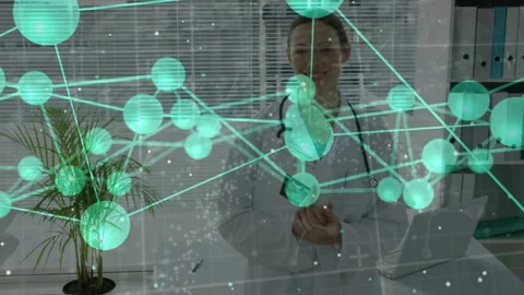 Vertical video: Green network appearing, drifting, causing doc holding card, Stock Footage 333936422