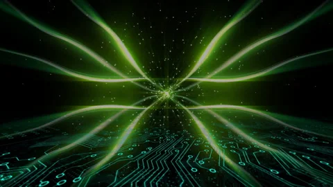 Vertical video: Green node emitting ribbons and pulsing sparks, mapping data on Stock Footage 331109147