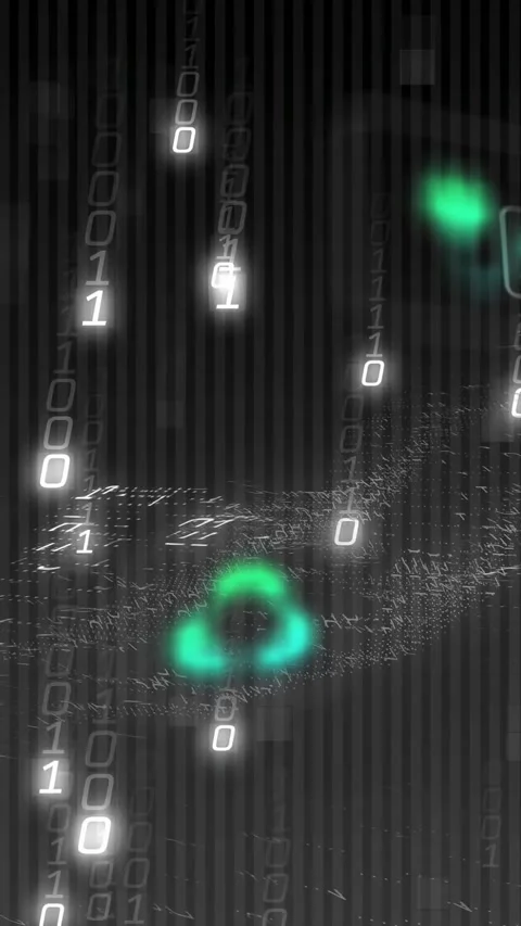 Vertical video: Green node rising as data rain driving ring morphing then fading Stock Footage 332845725