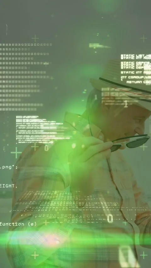 Vertical video: Green overlay sweeping, senior man turning, putting on shades, Stock Footage 331334202