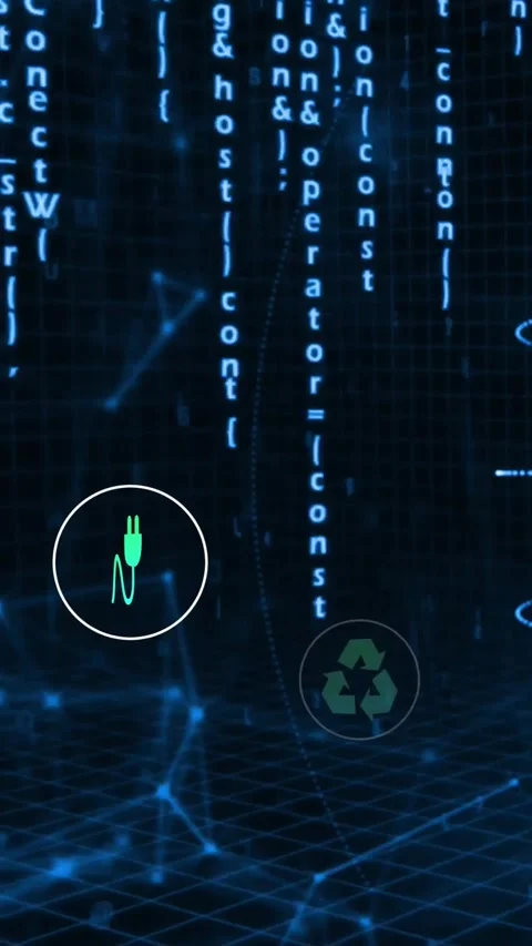 Vertical video: Green plug icon drifting along dotted path after code cascade, Stock Footage 328578969