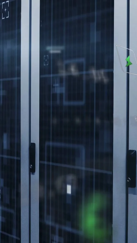 Vertical video: Green power HUD appearing on rack doors in data center, scanning Stock Footage 332845593