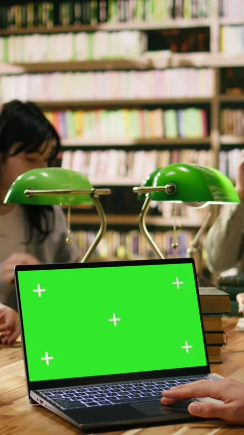 Vertical Video Green screen chroma key on laptop near students at group learning Stock Footage 336379716