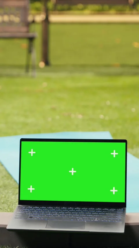 Vertical Video Green screen chroma key on laptop close to yoga mat on grass in Stock Footage 346614773