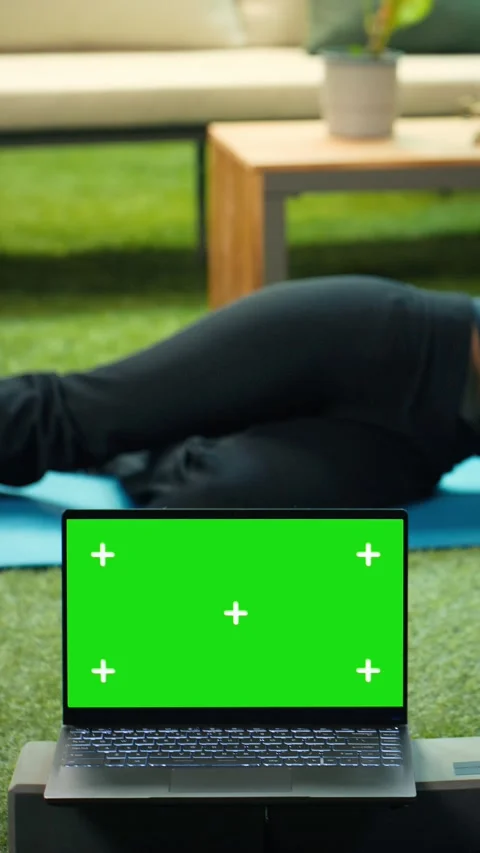 Vertical Video Green screen isolated mockup on laptop in landscape orientation Stock Footage 347700988