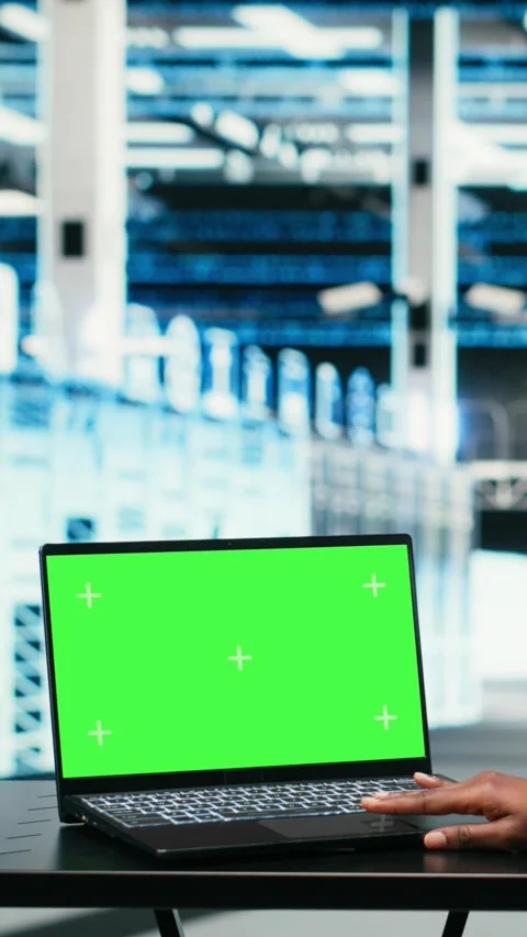 Vertical video Green screen laptop, AR simulation and software developer in data Stock Footage 329944092