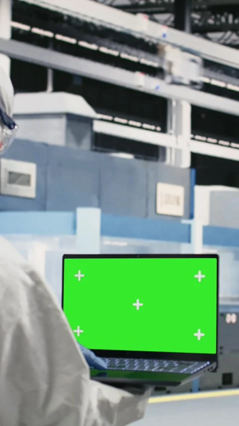 Vertical video Green screen laptop used by microchip factory engineer monitoring Stock Footage 333614705