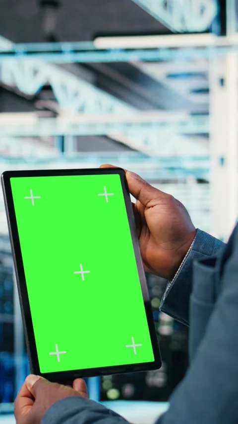 Vertical video Green screen mockup tablet in server room used by worker to Stock Footage 330027665