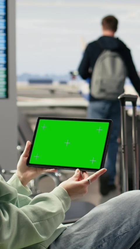 Vertical Video Green screen tablet held by digital nomad girl using airport Stock Footage 333611962