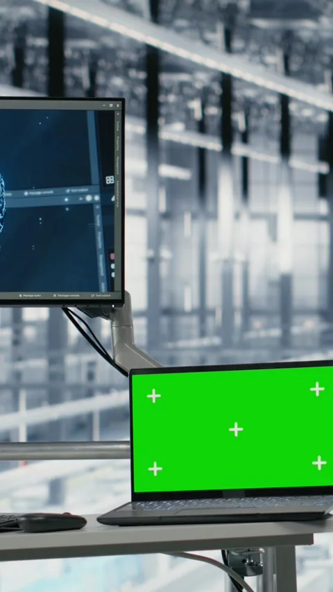 Vertical video Green screen tablet in microchip factory used by man Stock Footage 333614031