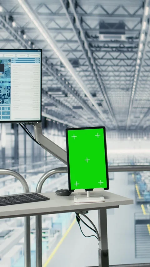 Vertical video Green screen tablet, monitoring microchips data and empty Stock Footage 333614032