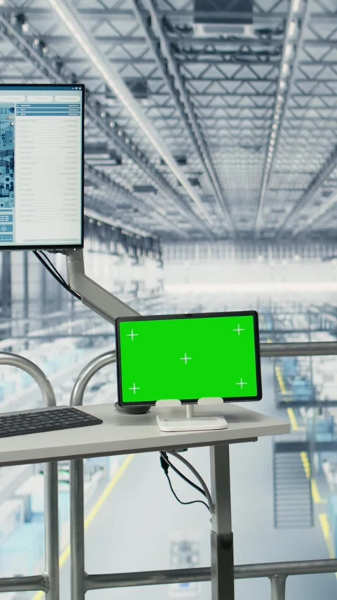 Vertical video Green screen tablet in empty microchips plant monitoring Stock Footage 333614034