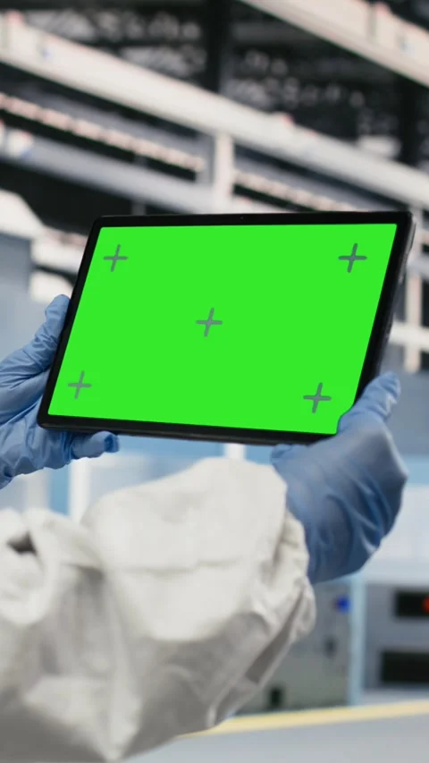Vertical video Green screen tablet used by microchip factory professional Stock Footage 333614699