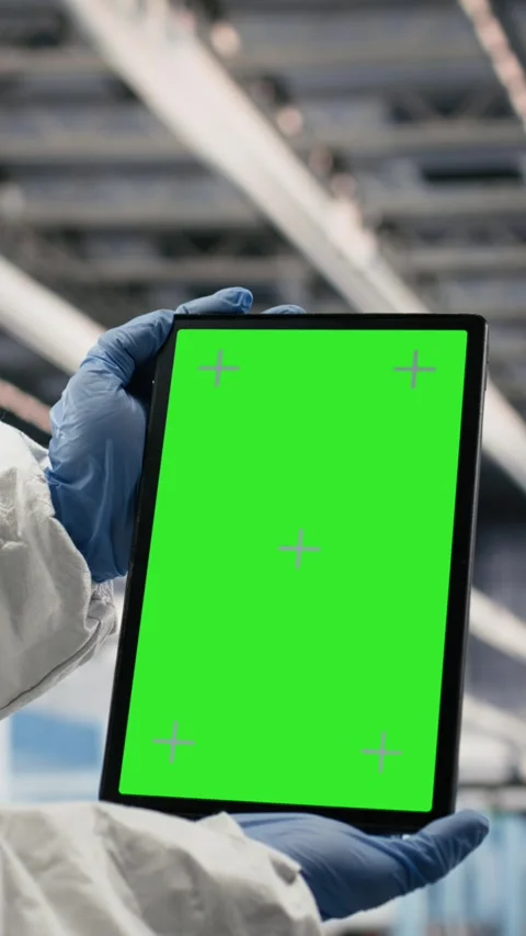Vertical video Green screen tablet, monitoring gear and engineer in microchip Stock Footage 333614729