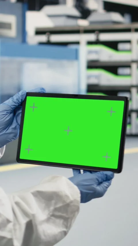 Vertical video Green screen tablet used by microchip factory professional Stock Footage 333615106