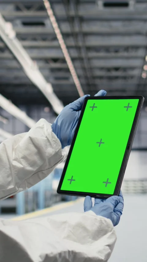 Vertical video Green screen tablet, monitoring gear and engineer in microchip Stock Footage 333615119