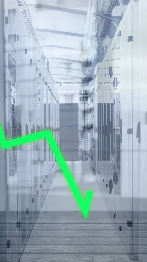 Vertical video: Green trace emerging lower-left and drawing peaks over server Stock Footage 332846276