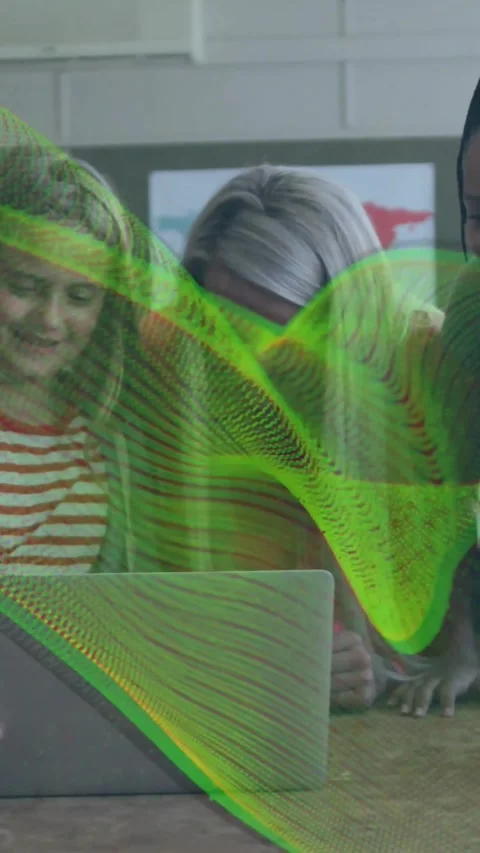 Vertical video: Green wave sweeping frames, sparking adult guiding kids leaning Stock Footage 334604666