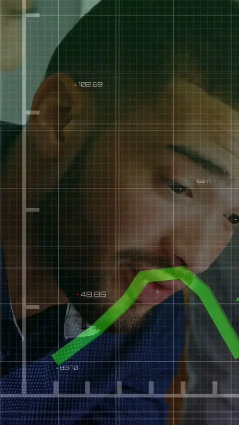 Vertical video: Grid and green line crossing face, man shifting gaze, speaking Stock Footage 334187181