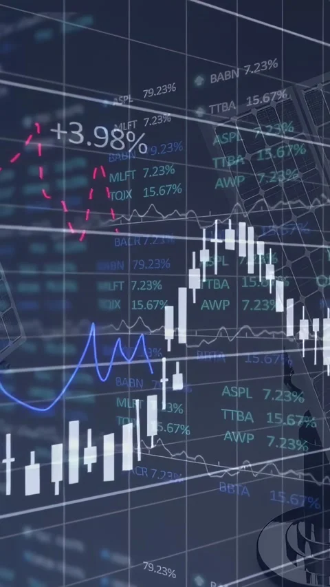 Vertical video: Grid and ticker fading in, candle chart rising then falling, Video stock 334547067