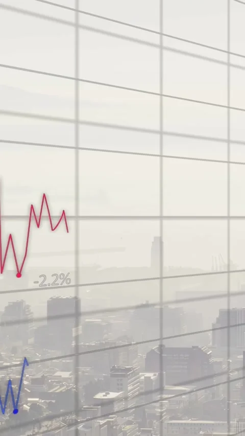 Vertical video: Grid appearing over skyline, charts drawing lines and bars, Video stock 332615070