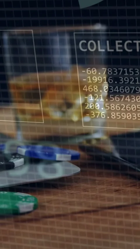 Vertical video: Grid appearing, pie rotating, blue chip rolling, data updating, Stock Footage 334771157