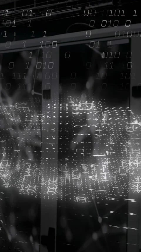 Vertical video: Grid appearing on rack sparking wave sliding and binary falling Stock Footage 332775136