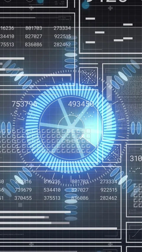 Vertical video: Grid appearing triggers cyan HUD ring fading rotating numbers 库存影片 329552379