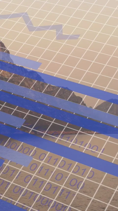 Vertical video: Grid causing blue bars sliding and binary bits rising over Stock Footage 334025095