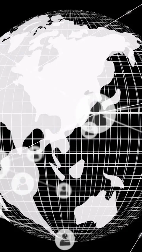Vertical video: Grid globe rotating, pulsing nodes forming arcs to show global Stock Footage 334547012
