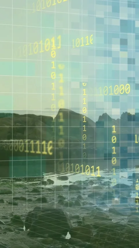Vertical video: Grid overlay sparking pixel blocks rising and 0s1s streams Stock Footage 333480248