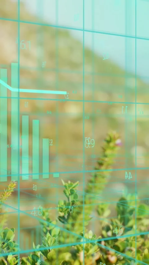 Vertical video: Grid rising charts growing line sweeping camera moving shrubs Stock Footage 337538873