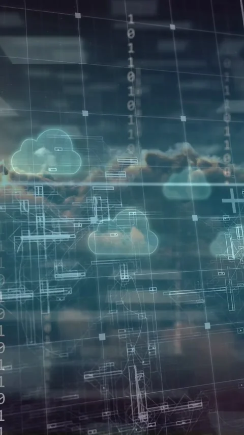 Vertical video: Grid shift initiating clouds and HUD drifting, binary rising, Stock Footage 335264317
