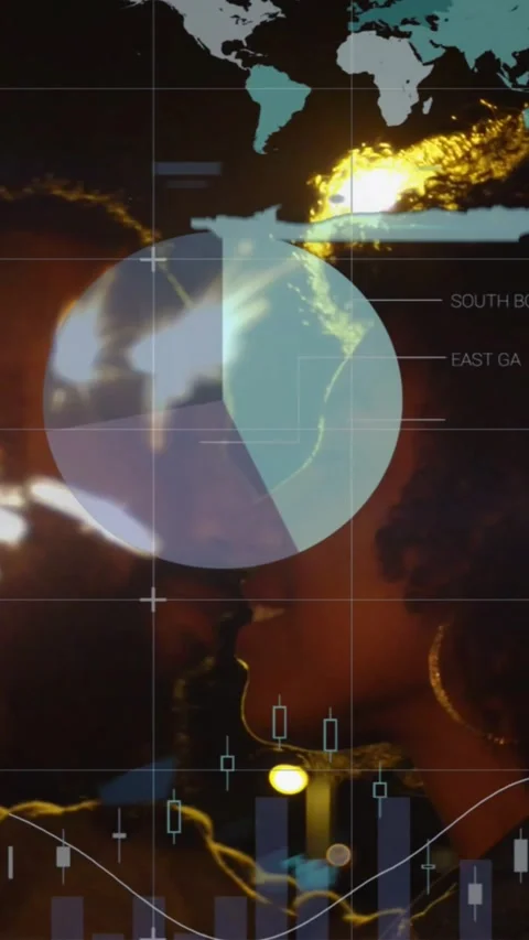 Vertical video: Grid starting data overlay, charts sliding over couple, turning, Vídeo Stock 330655838