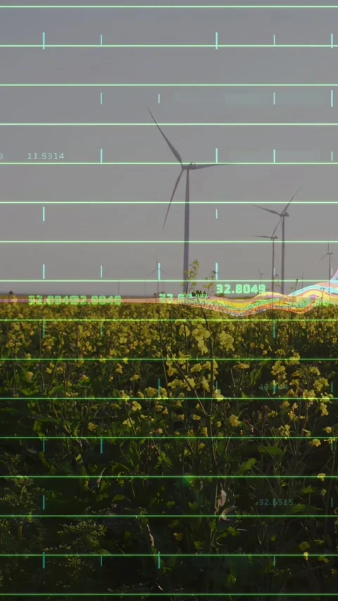 Vertical video: Grid starting data ridge shifting turbines turning field moving Stock Footage 332735124