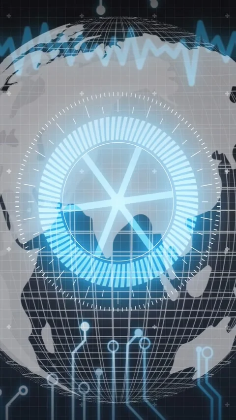 Vertical video: Gridded globe with HUD lighting, clockwise ring scanning, 库存影片 329612978