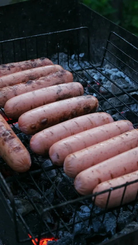 Vertical video. Grilling sausages during summer picnic or cookout Stock Footage 340333693