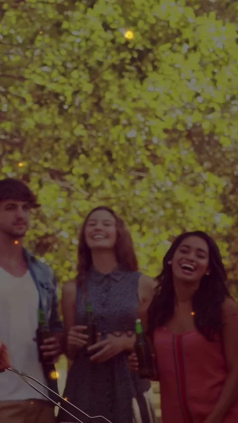 Vertical video: Group gathering at food BBQ holding beers, man joining, Stock Footage 333744730