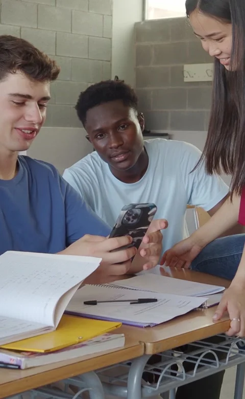 Vertical video. Group of multi-ethnic students talking in class during a break Stock Footage 231249650