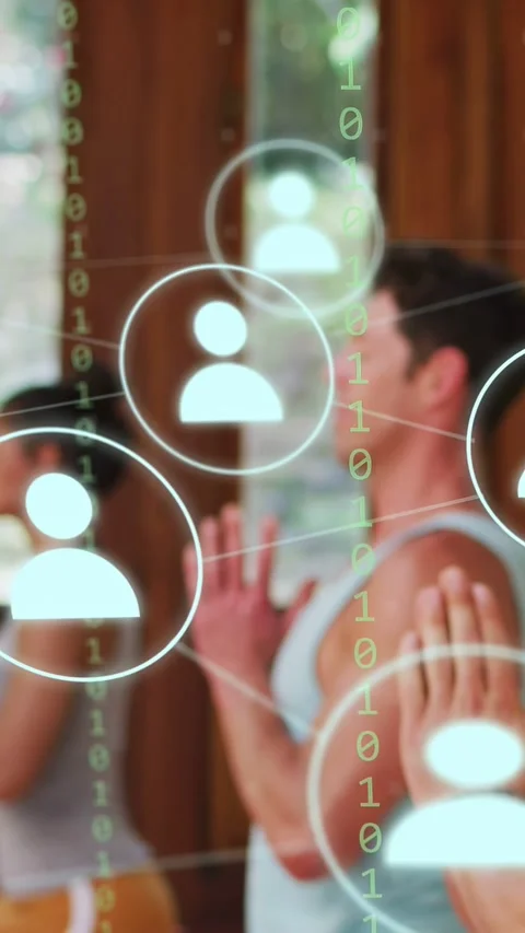 Vertical video: Group praying starting overlay, icons linking, binary falling, Stock Footage 335513849