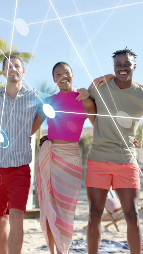 Vertical video: group walking, motion forming line mesh with blue node centering Stockbeeldmateriaal 333577416