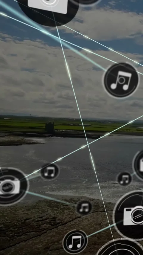 Vertical video: Growing icon network of camera and music filling rocky bay, Stock Footage 331077410