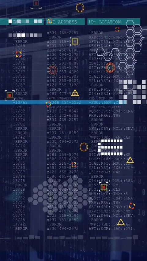 Vertical video: GUI appearing over server racks, HUD scanning, mapping nodes to Stock Footage 332595024