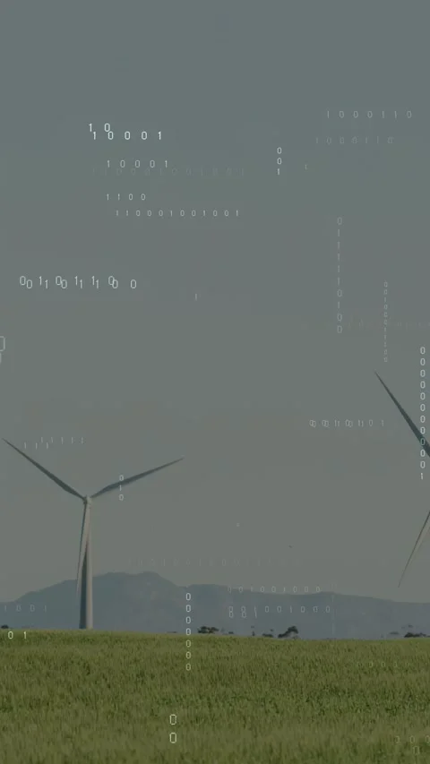 Vertical video: Gusts causing turbines rotating and binary code falling over Stock Footage 332735042