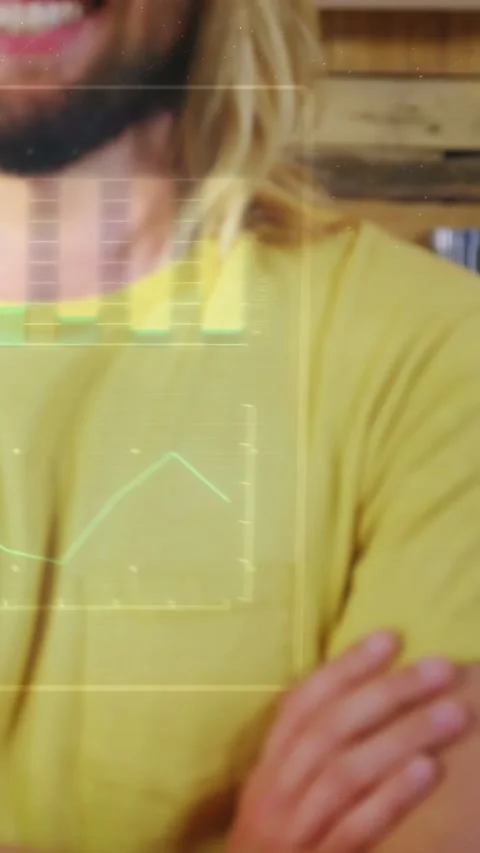 Vertical video: Guy relaxing arms camera panning up causing HUD graph over Stock Footage 332747730