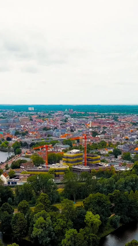 Vertical video. Haarlem, Netherlands. Panoramic view of Haarlem city center. Stock Footage 296275355