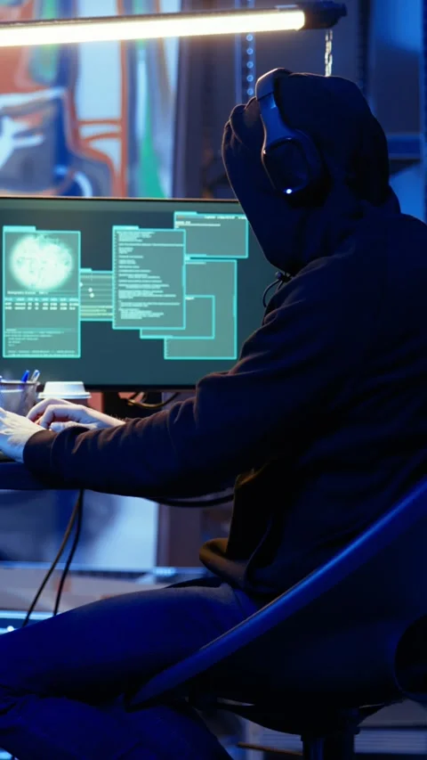 Vertical video Hacker anxiously looking over shoulder, afraid of being caught Stock Footage 319521400